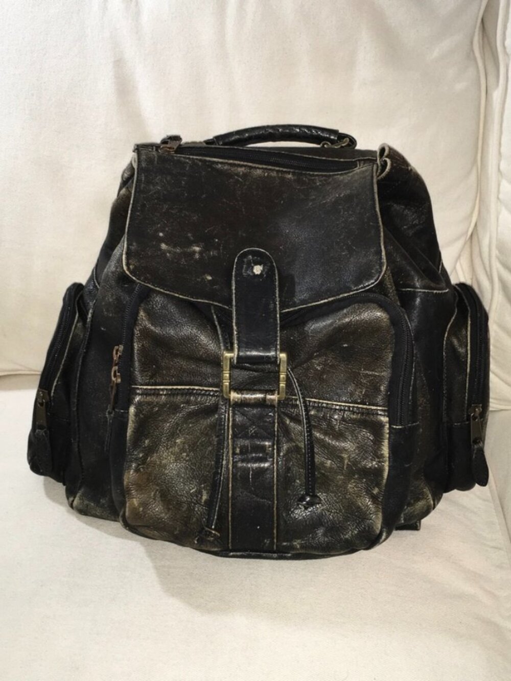 Distressed Black Cowhide Leather 4 Pocket Rugged Travel Backpack